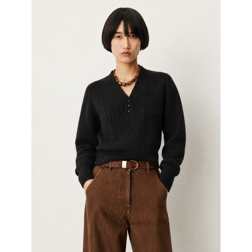 Sessun Anya Black Alpaca Wool Blend Ribbed Henley V-Neck Sweater Small